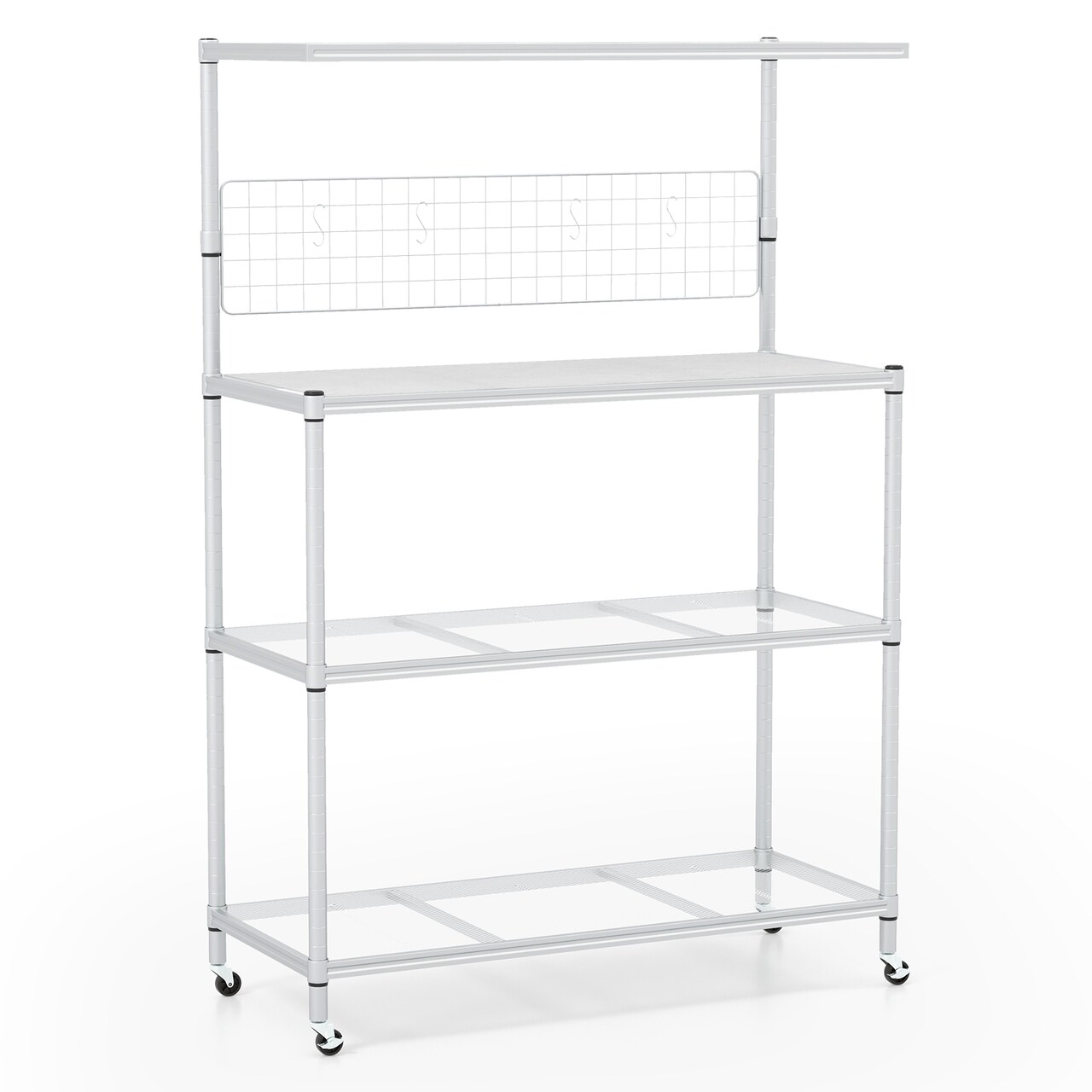 Silver 4-Tier Microwave Stand Rack with 3 Height Adjustable Shelves and 4 Smooth Wheels